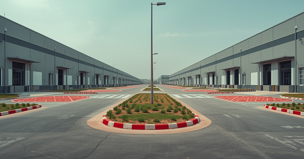 Fire safety compliance: A wide exterior view of an orderly Indian manufacturing facility with marked emergency evacuation ass