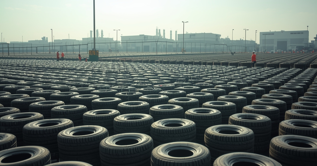 Waste tyre EPR compliance: A bustling tyre manufacturing plant in India with rows of new tyres, workers in safety gear and a